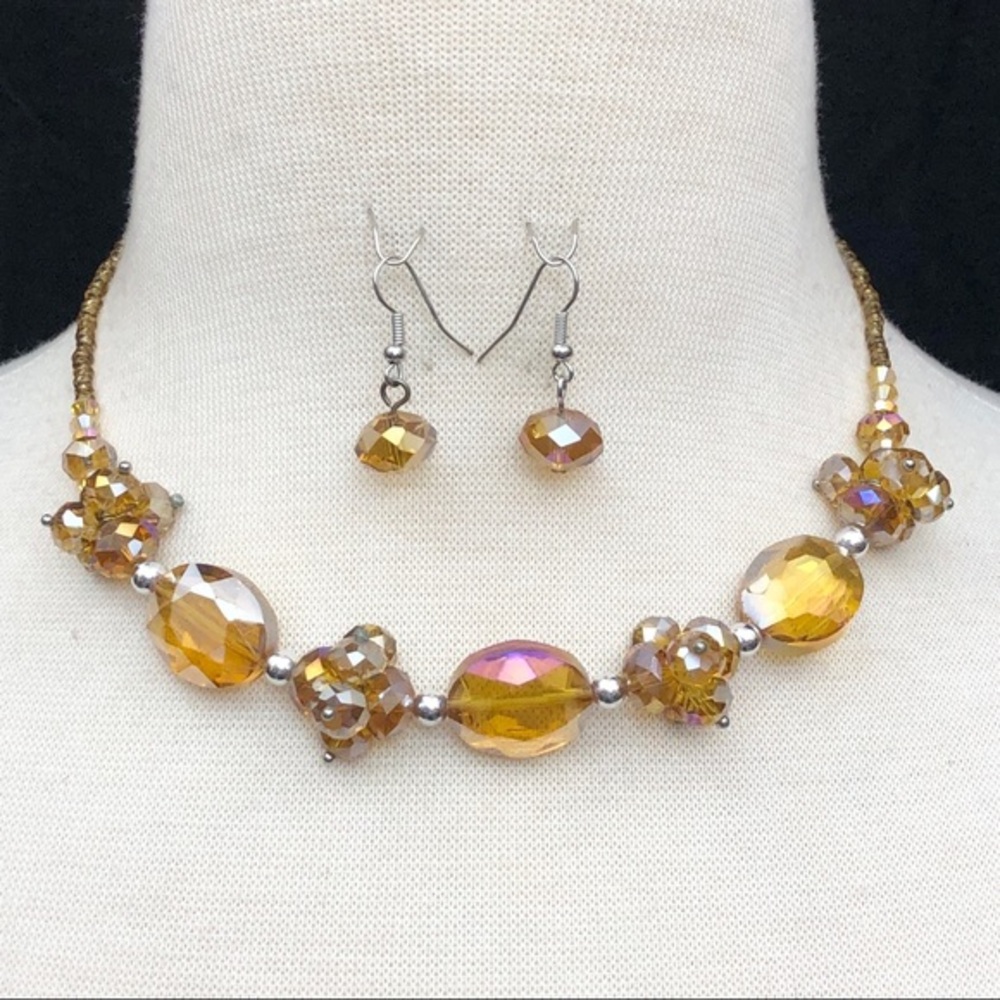 Golden Colorado Topaz Color Glass Beaded Magnetic Back Necklace Earrings Set